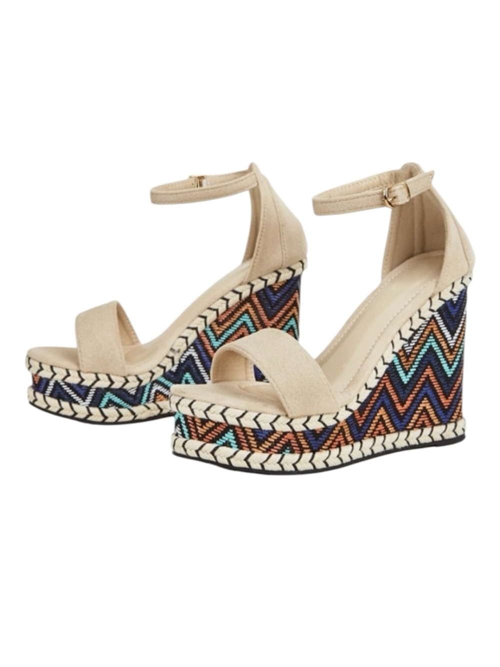 SHEIN Emery Rose Chevron Wedge Sandals Tan Strappy Clip Ankle Strap Size 7.5